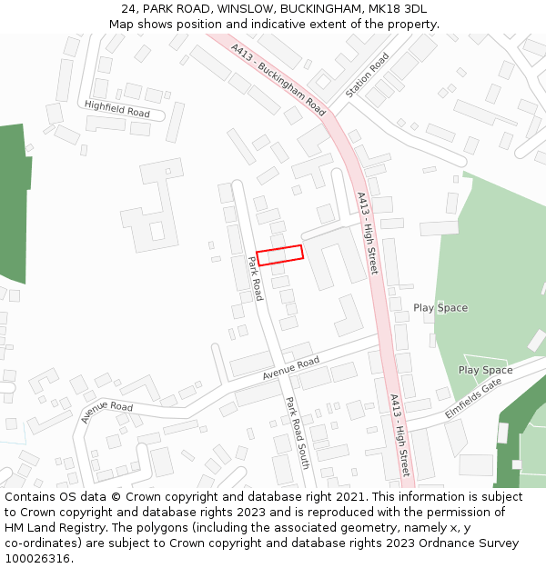 24, PARK ROAD, WINSLOW, BUCKINGHAM, MK18 3DL: Location map and indicative extent of plot