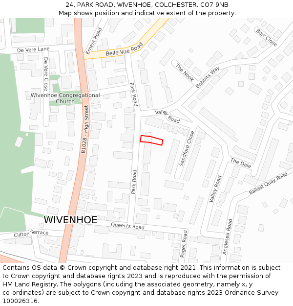 24, PARK ROAD, WIVENHOE, COLCHESTER, CO7 9NB: Location map and indicative extent of plot