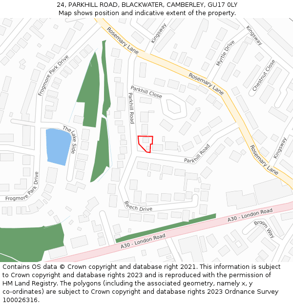 24, PARKHILL ROAD, BLACKWATER, CAMBERLEY, GU17 0LY: Location map and indicative extent of plot