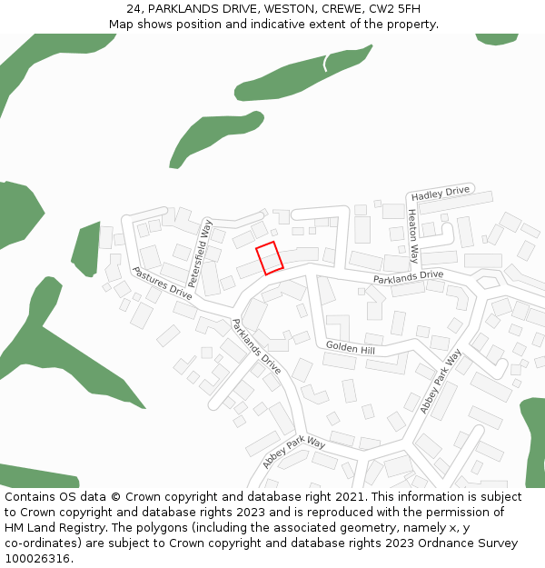24, PARKLANDS DRIVE, WESTON, CREWE, CW2 5FH: Location map and indicative extent of plot