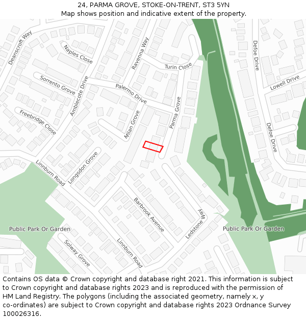 24, PARMA GROVE, STOKE-ON-TRENT, ST3 5YN: Location map and indicative extent of plot