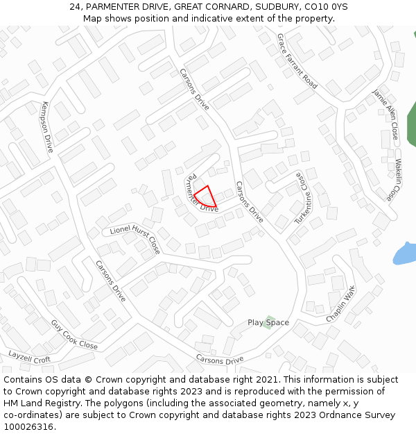 24, PARMENTER DRIVE, GREAT CORNARD, SUDBURY, CO10 0YS: Location map and indicative extent of plot