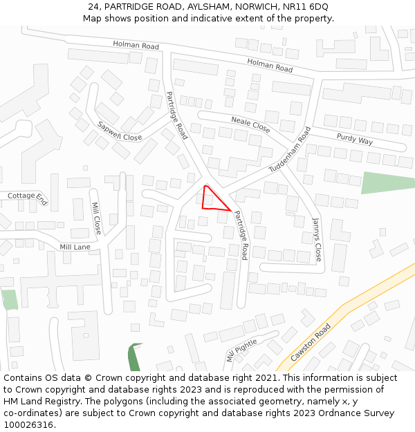 24, PARTRIDGE ROAD, AYLSHAM, NORWICH, NR11 6DQ: Location map and indicative extent of plot