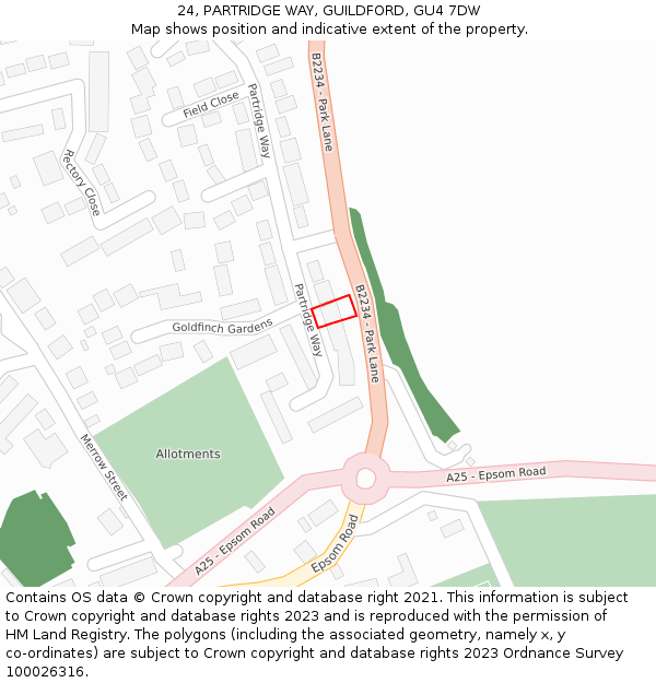 24, PARTRIDGE WAY, GUILDFORD, GU4 7DW: Location map and indicative extent of plot