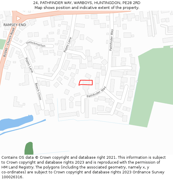 24, PATHFINDER WAY, WARBOYS, HUNTINGDON, PE28 2RD: Location map and indicative extent of plot