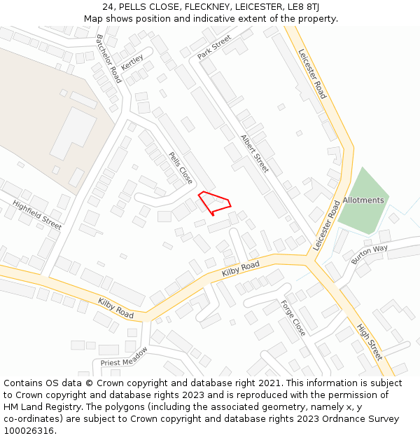 24, PELLS CLOSE, FLECKNEY, LEICESTER, LE8 8TJ: Location map and indicative extent of plot