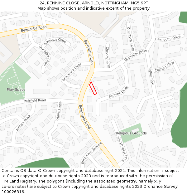 24, PENNINE CLOSE, ARNOLD, NOTTINGHAM, NG5 9PT: Location map and indicative extent of plot