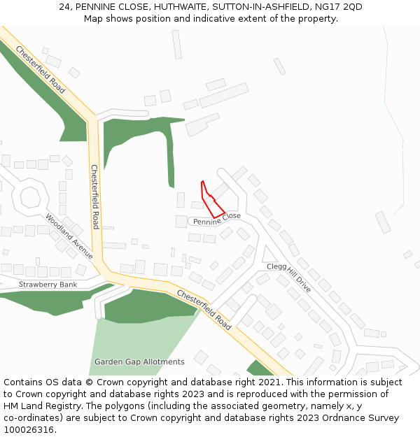 24, PENNINE CLOSE, HUTHWAITE, SUTTON-IN-ASHFIELD, NG17 2QD: Location map and indicative extent of plot