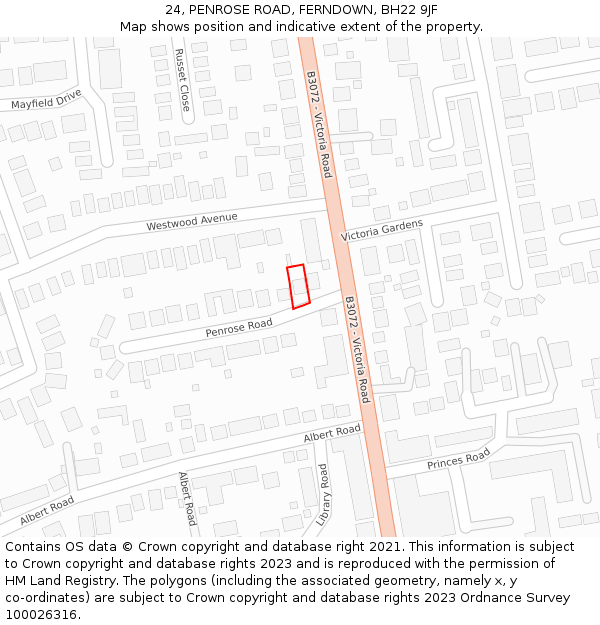 24, PENROSE ROAD, FERNDOWN, BH22 9JF: Location map and indicative extent of plot
