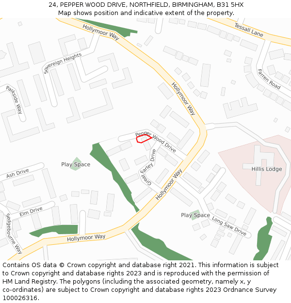 24, PEPPER WOOD DRIVE, NORTHFIELD, BIRMINGHAM, B31 5HX: Location map and indicative extent of plot