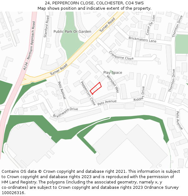 24, PEPPERCORN CLOSE, COLCHESTER, CO4 5WS: Location map and indicative extent of plot