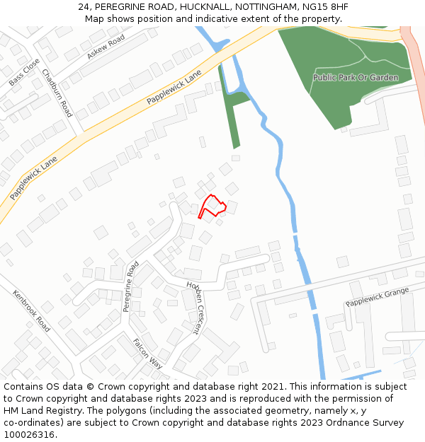 24, PEREGRINE ROAD, HUCKNALL, NOTTINGHAM, NG15 8HF: Location map and indicative extent of plot