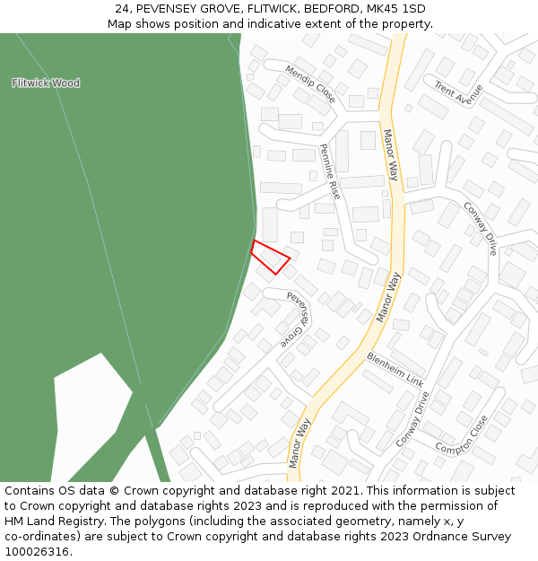 24, PEVENSEY GROVE, FLITWICK, BEDFORD, MK45 1SD: Location map and indicative extent of plot