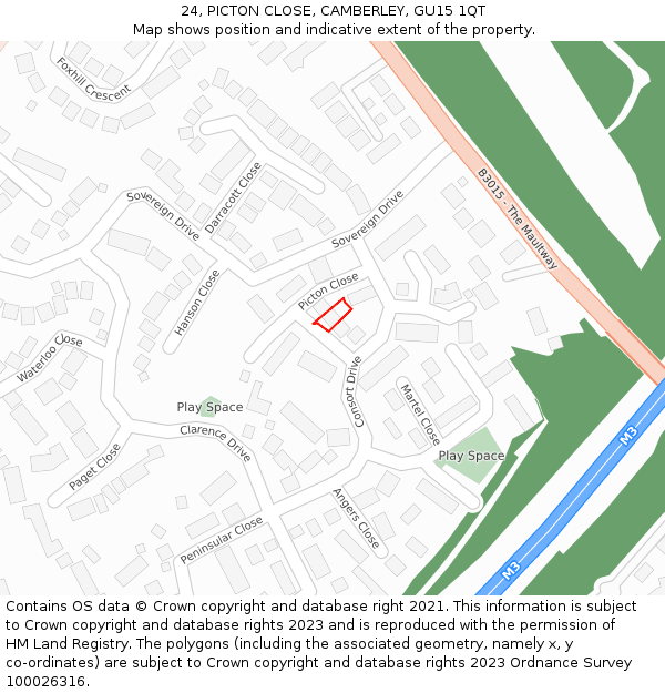 24, PICTON CLOSE, CAMBERLEY, GU15 1QT: Location map and indicative extent of plot