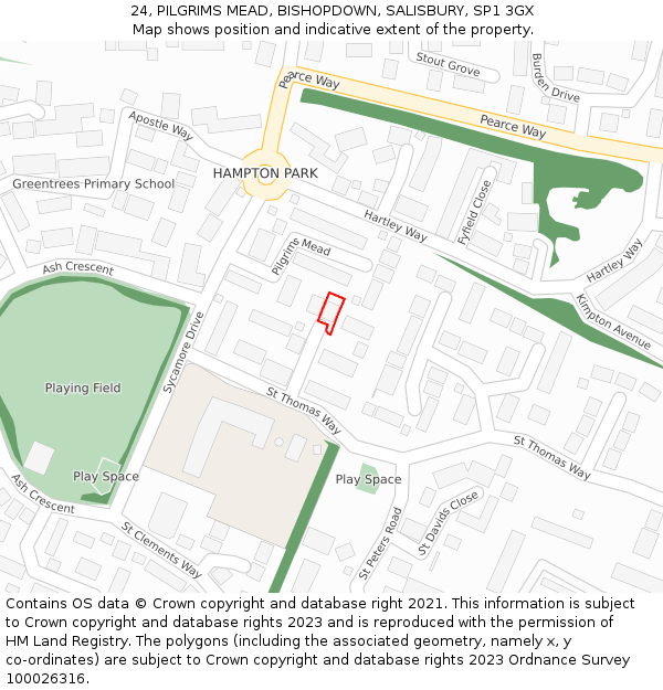 24, PILGRIMS MEAD, BISHOPDOWN, SALISBURY, SP1 3GX: Location map and indicative extent of plot