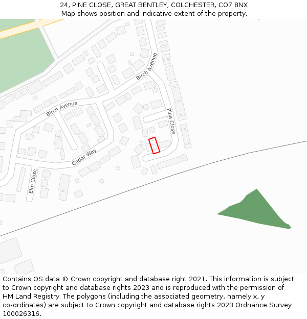 24, PINE CLOSE, GREAT BENTLEY, COLCHESTER, CO7 8NX: Location map and indicative extent of plot