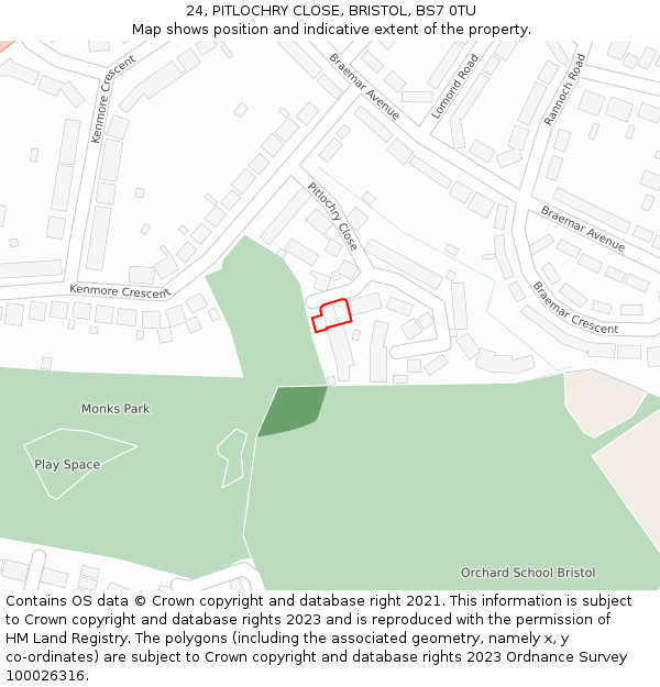 24, PITLOCHRY CLOSE, BRISTOL, BS7 0TU: Location map and indicative extent of plot
