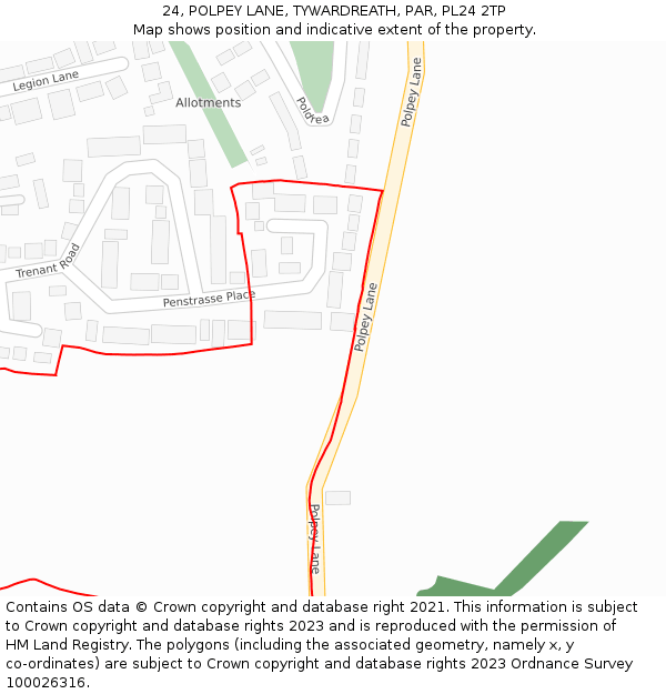 24, POLPEY LANE, TYWARDREATH, PAR, PL24 2TP: Location map and indicative extent of plot