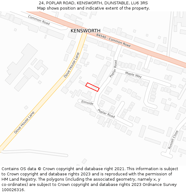 24, POPLAR ROAD, KENSWORTH, DUNSTABLE, LU6 3RS: Location map and indicative extent of plot