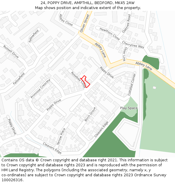 24, POPPY DRIVE, AMPTHILL, BEDFORD, MK45 2AW: Location map and indicative extent of plot