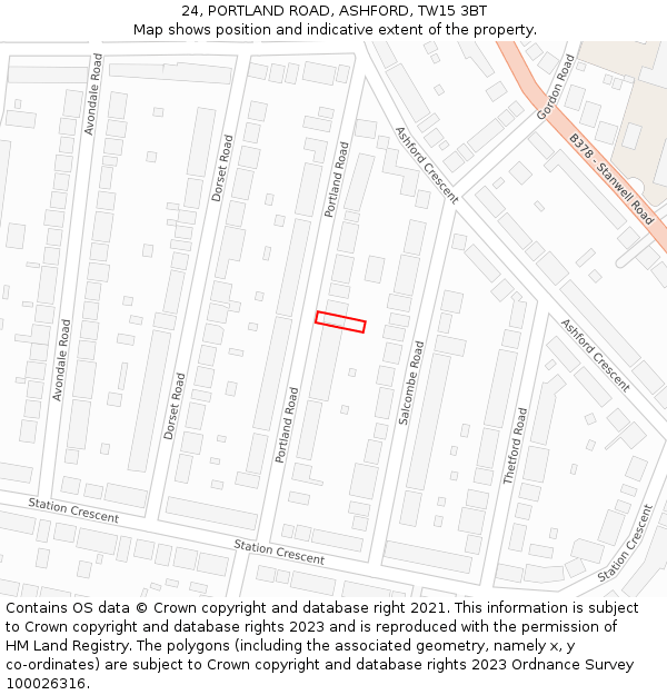 24, PORTLAND ROAD, ASHFORD, TW15 3BT: Location map and indicative extent of plot