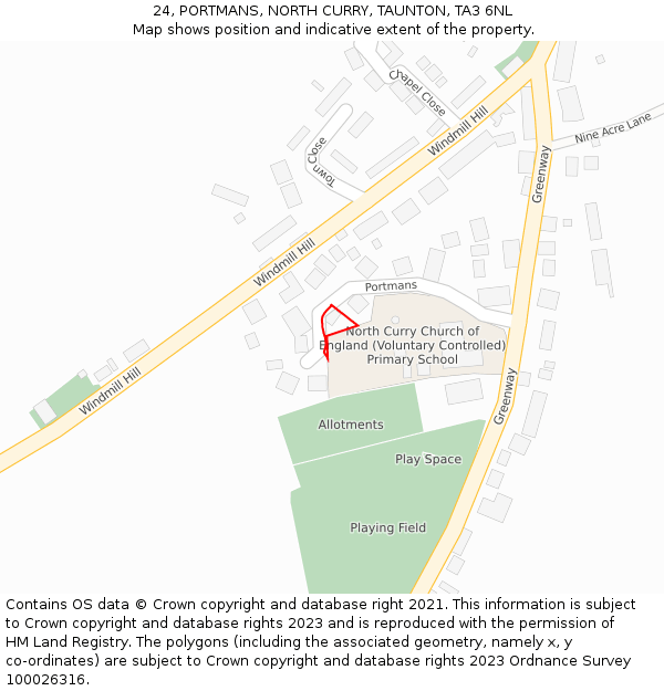 24, PORTMANS, NORTH CURRY, TAUNTON, TA3 6NL: Location map and indicative extent of plot