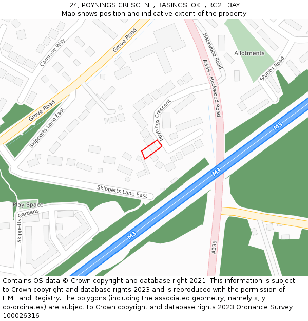 24, POYNINGS CRESCENT, BASINGSTOKE, RG21 3AY: Location map and indicative extent of plot