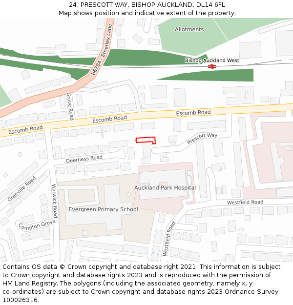 24, PRESCOTT WAY, BISHOP AUCKLAND, DL14 6FL: Location map and indicative extent of plot