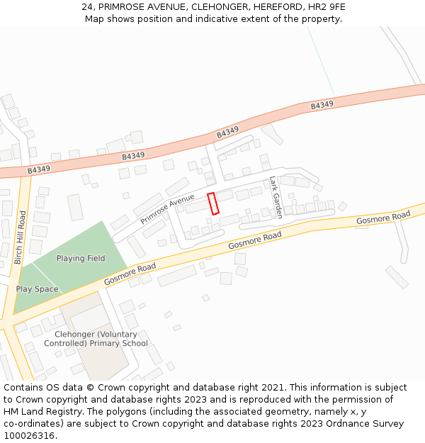 24, PRIMROSE AVENUE, CLEHONGER, HEREFORD, HR2 9FE: Location map and indicative extent of plot