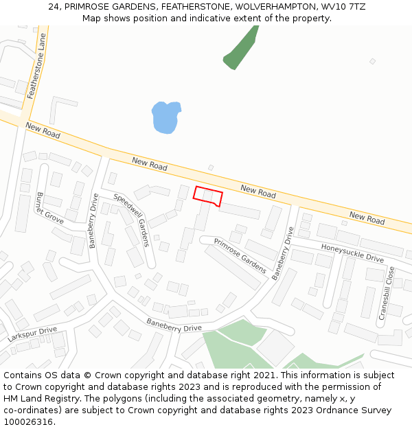24, PRIMROSE GARDENS, FEATHERSTONE, WOLVERHAMPTON, WV10 7TZ: Location map and indicative extent of plot