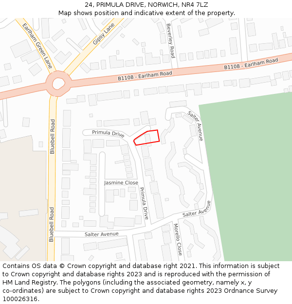 24, PRIMULA DRIVE, NORWICH, NR4 7LZ: Location map and indicative extent of plot