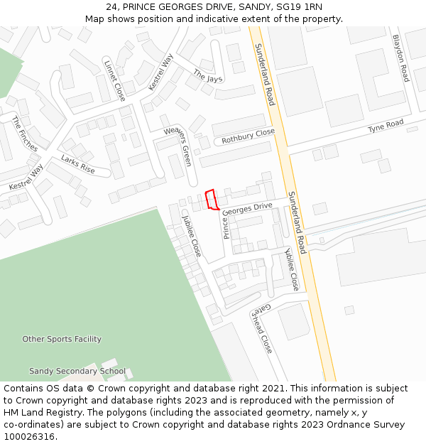 24, PRINCE GEORGES DRIVE, SANDY, SG19 1RN: Location map and indicative extent of plot