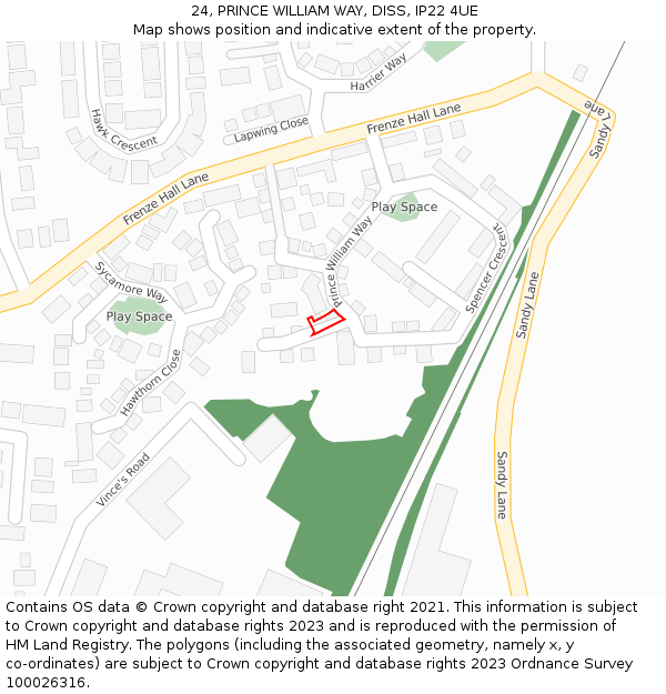 24, PRINCE WILLIAM WAY, DISS, IP22 4UE: Location map and indicative extent of plot