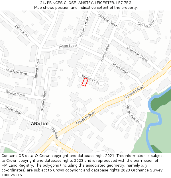 24, PRINCES CLOSE, ANSTEY, LEICESTER, LE7 7EG: Location map and indicative extent of plot