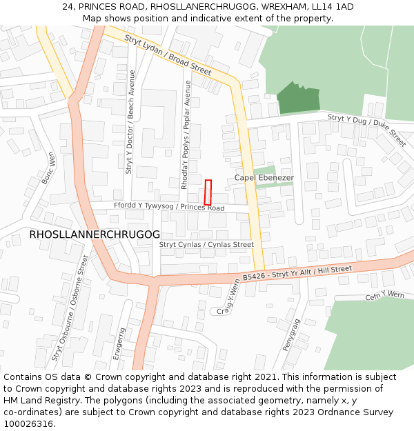 24, PRINCES ROAD, RHOSLLANERCHRUGOG, WREXHAM, LL14 1AD: Location map and indicative extent of plot