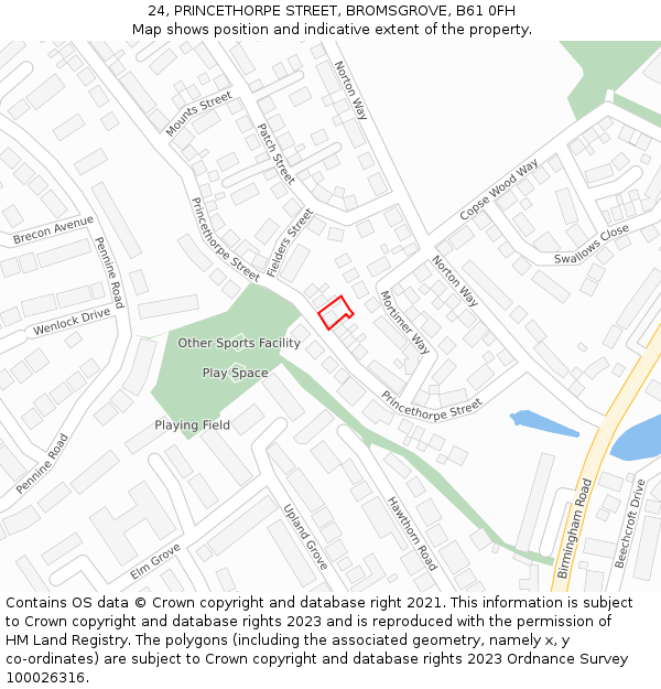 24, PRINCETHORPE STREET, BROMSGROVE, B61 0FH: Location map and indicative extent of plot