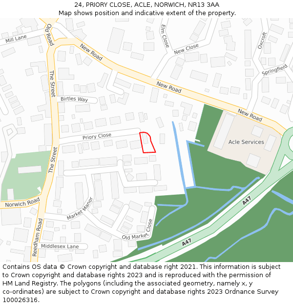 24, PRIORY CLOSE, ACLE, NORWICH, NR13 3AA: Location map and indicative extent of plot