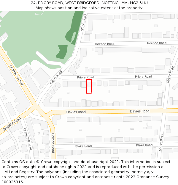 24, PRIORY ROAD, WEST BRIDGFORD, NOTTINGHAM, NG2 5HU: Location map and indicative extent of plot