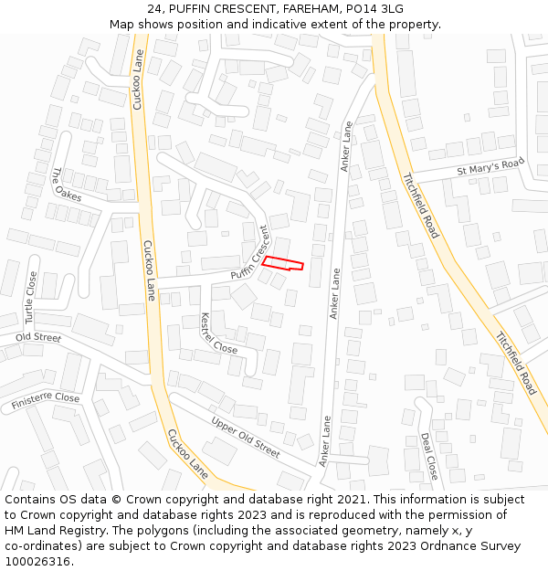 24, PUFFIN CRESCENT, FAREHAM, PO14 3LG: Location map and indicative extent of plot