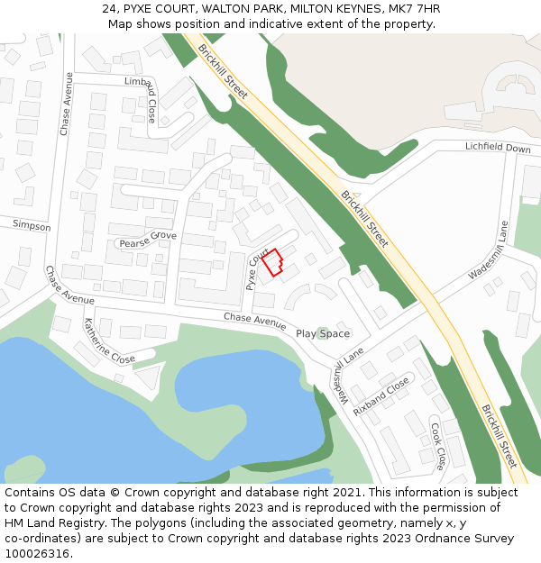 24, PYXE COURT, WALTON PARK, MILTON KEYNES, MK7 7HR: Location map and indicative extent of plot