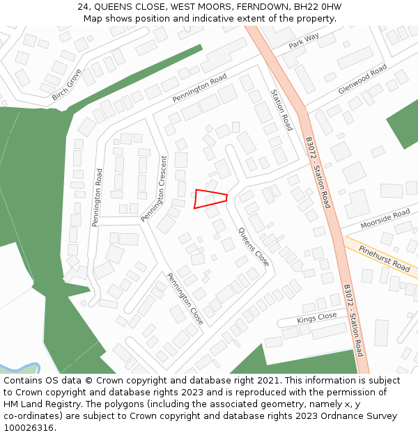 24, QUEENS CLOSE, WEST MOORS, FERNDOWN, BH22 0HW: Location map and indicative extent of plot