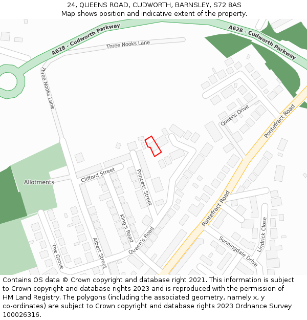 24, QUEENS ROAD, CUDWORTH, BARNSLEY, S72 8AS: Location map and indicative extent of plot
