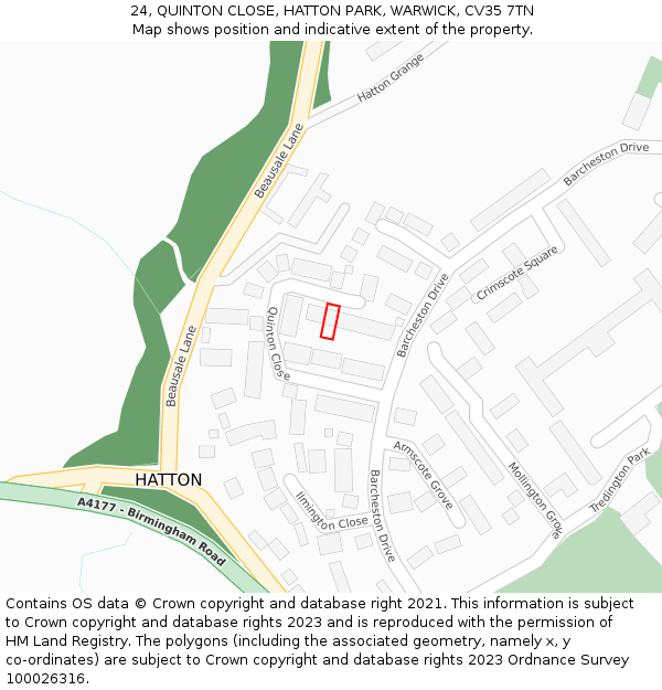 24, QUINTON CLOSE, HATTON PARK, WARWICK, CV35 7TN: Location map and indicative extent of plot