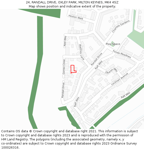 24, RANDALL DRIVE, OXLEY PARK, MILTON KEYNES, MK4 4SZ: Location map and indicative extent of plot