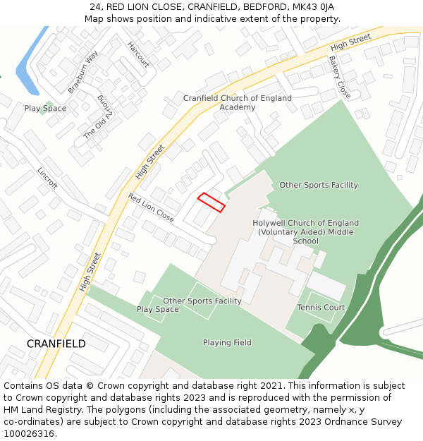 24, RED LION CLOSE, CRANFIELD, BEDFORD, MK43 0JA: Location map and indicative extent of plot