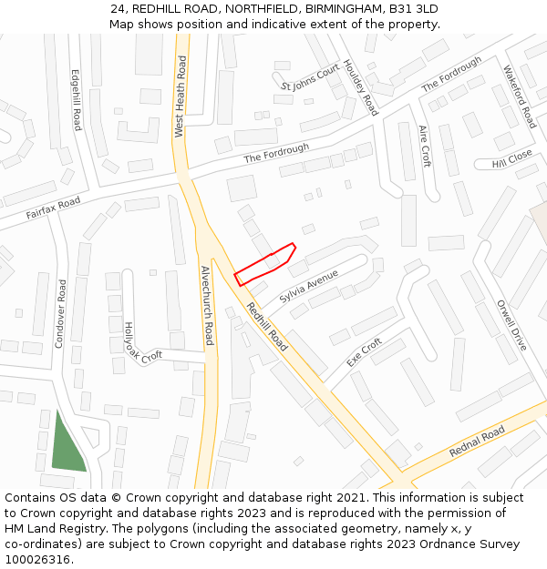 24, REDHILL ROAD, NORTHFIELD, BIRMINGHAM, B31 3LD: Location map and indicative extent of plot