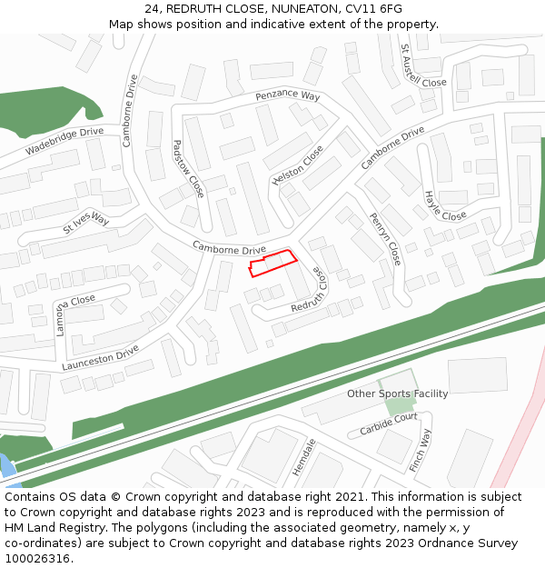 24, REDRUTH CLOSE, NUNEATON, CV11 6FG: Location map and indicative extent of plot