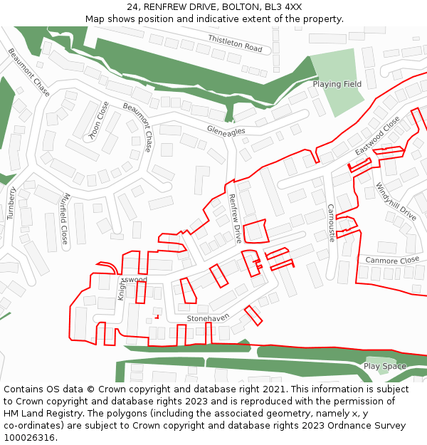 24, RENFREW DRIVE, BOLTON, BL3 4XX: Location map and indicative extent of plot