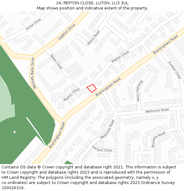 24, REPTON CLOSE, LUTON, LU3 3UL: Location map and indicative extent of plot