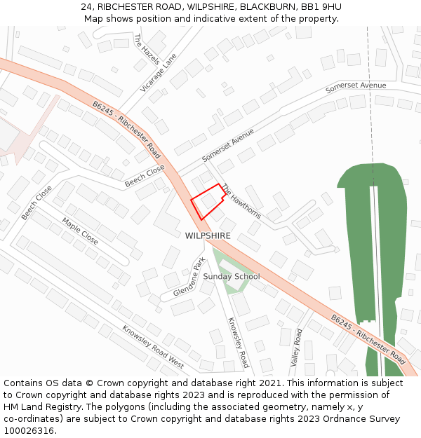 24, RIBCHESTER ROAD, WILPSHIRE, BLACKBURN, BB1 9HU: Location map and indicative extent of plot